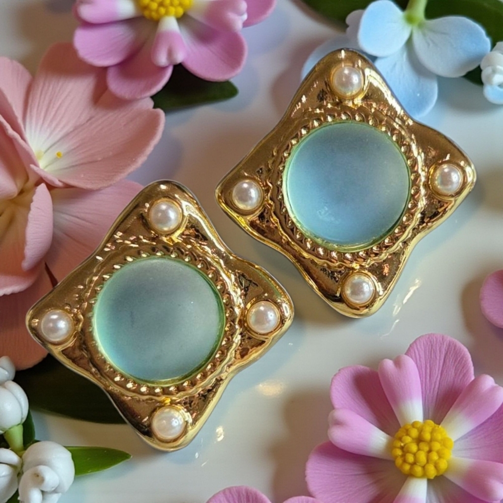 Gold Plated Pastel Turquoise Frosted Cabochon Pearl Earrings